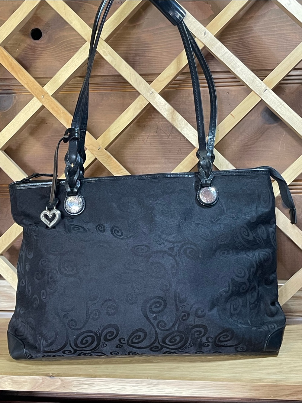 Authentic Brighton’ Signature Black Jacquard Vintage Canvas & Leather H’Bag